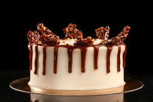 Round white cake with caramel and chocolate puffed rice on a round tray on black background photo