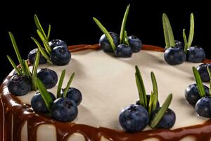 Chocolate cake with blueberries on a black background, decorated with small green leaves and fresh berries photo