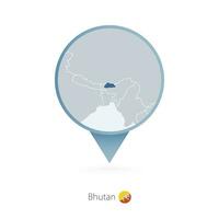 Map pin with detailed map of Bhutan and neighboring countries. vector