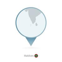 Map pin with detailed map of Maldives and neighboring countries. vector