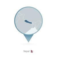 Map pin with detailed map of Nepal and neighboring countries. vector