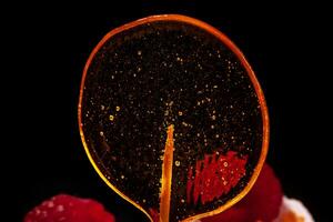 Cake in white glaze with fresh raspberry and lollipops on black background. Close-up photo