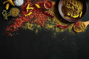 Exotically Spice Mix - spice, herbs, powder top view over dark background. Cooking and spicy food concept. Copy space photo