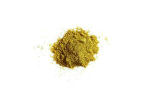 Heap of turmeric. Isolated on white. Empty space for text or inscription. Top view. photo