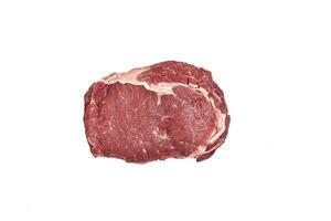 Fresh raw beef steak isolated on white background, top view. photo