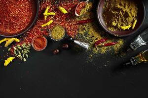 Exotically Spice Mix - spice, herbs, powder top view over dark background. Cooking and spicy food concept. Copy space photo