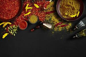 Exotically Spice Mix - spice, herbs, powder top view over dark background. Cooking and spicy food concept. Copy space photo