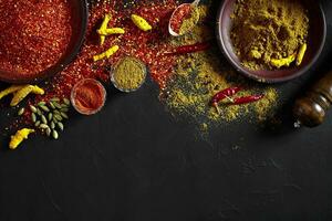 Exotically Spice Mix - spice, herbs, powder top view over dark background. Cooking and spicy food concept. Copy space photo