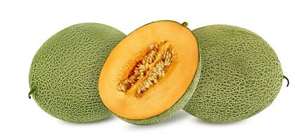 Delicious cantaloupe melon in a cross-section, isolated on white background with copy space for text or images. Side view. Close-up shot. photo