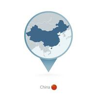 Map pin with detailed map of China and neighboring countries. vector