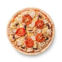 Meat chicken and mushrooms pizza isolated on white background. photo