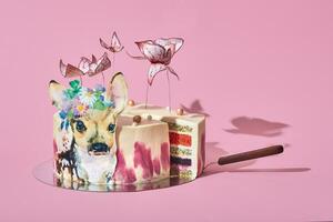 Pastel colors tasty cake with butterflies and little deer. Pink background. Selective focus. photo