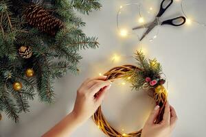 Navidad antecedentes con decoraciones, guirnalda y pino conos creando guirnalda hecho de Navidad árbol ramas en blanco antecedentes. foto