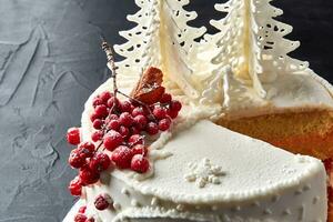 Winter cake covered with white icing, with painted house in the forest, trees and red rowan. photo