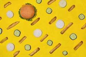 Design concept of mockup burger and french fries set on yellow background. photo