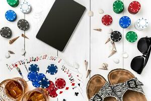 Post blog social media poker. Banner template layout mockup for online casino. Wooden white table, top view on workplace. photo