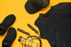 Close-up studio shot of a gym accessories on a yellow background. Top view, flat lay. photo