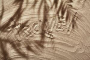 Summer concept with a shadow of a tropical palm tree leaves, copyspace on a white beach sand. photo