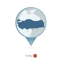 Map pin with detailed map of Turkey and neighboring countries. vector