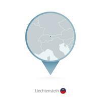 Map pin with detailed map of Liechtenstein and neighboring countries. vector