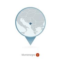 Map pin with detailed map of Montenegro and neighboring countries. vector