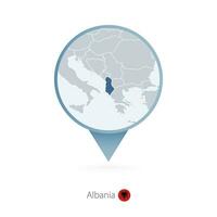 Map pin with detailed map of Albania and neighboring countries. vector