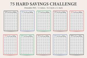 75 difícil ahorros desafío, 75 días dinero desafío, dinero ahorro desafío,ahorros rastreador imprimible, financiero desafío,75 semanas de ahorros vector