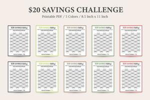 20 dólar ahorro desafío, dinero ahorro rastreador financiero desafío,ahorros objetivo gráfico, guardar dinero gráfico, 20 dólar ahorros tarro vector
