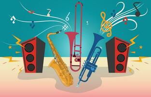 Music background Musical note Musical note Relaxation Pastel colors On the beach, Audio equipment, Trumpet, Saxophone, vector