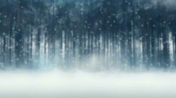 blur pine forest in winter background with snow. Christmas and new year holiday seasonal decoration. generative AI photo