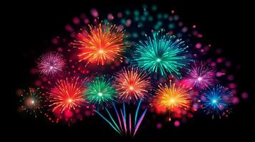 colorful fireworks on black background for festive celebration and decorative poster banner and greeting card design element . generative AI photo