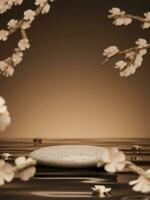 3d pebbles display podiums on water and cherry blossom flower or Sakura. 3d rendering of realistic presentation for product advertising. 3d minimal illustration. photo