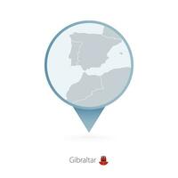 Map pin with detailed map of Gibraltar and neighboring countries. vector