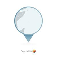 Map pin with detailed map of Seychelles and neighboring countries. vector