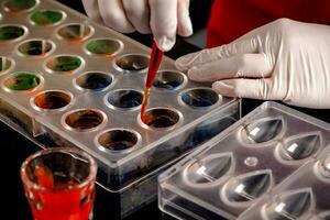 A woman confectioner with red uniform and white sterile gloves do a set of colorful chocolates from milk chocolate on a table. photo