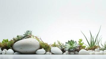 AI Generated A tranquil rock garden with succulent plants and white pebbles A large, smooth, gray rock is the centerpiece of the composition The background is a gradient from white to light blue photo