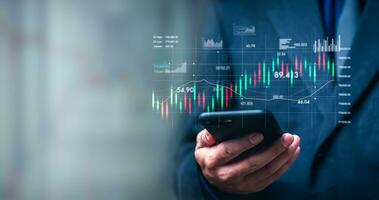 Stock market price and indicators investment analysis chart forex exchange finance banking and cryptocurrency Business concept digital graph invest fund statistic data on virtual screen. photo