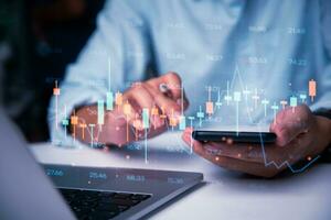 Stock market price and indicators investment analysis chart forex exchange finance banking and cryptocurrency Business concept digital graph invest fund statistic data on virtual screen. photo