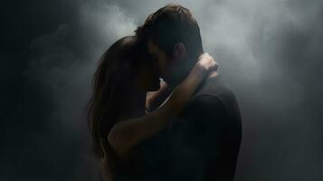 Young couple in love kissing on a black background with smoke and fog Generative AI photo