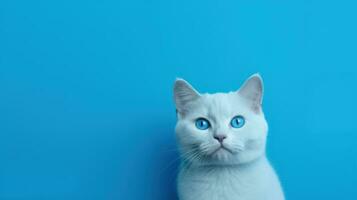 retrato de un blanco gato con azul ojos en un azul antecedentes generativo ai foto