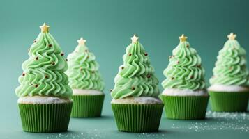 Navidad magdalenas con verde Crema en un verde fondo, cuadrado generativo ai foto