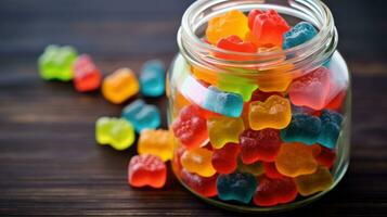 Colorful gummy candies in glass jar on wooden background. Generative AI photo