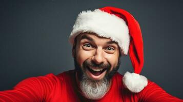 Portrait of a happy man in santa claus hat making selfie on dark background Generative AI photo