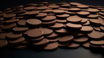 Close up of brown pills on black background. Focus on foreground. Generative AI photo