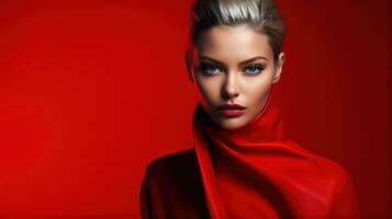 Beautiful blond woman with red silk scarf over red background. Beauty, fashion. Generative AI photo