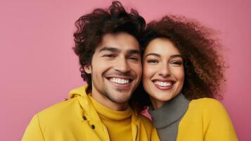 Cheerful couple in yellow clothes looking at camera and smiling, isolated on pink background Generative AI photo