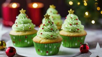 Navidad magdalenas con verde crema de mantequilla Crema y Navidad decoración generativo ai foto