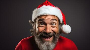 sorprendido hombre con rojo ropa y Navidad sombrero en un oscuro antecedentes generativo ai foto