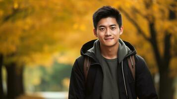 Portrait of a handsome young asian man in the autumn park Generative AI photo