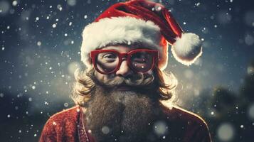 Portrait of Santa Claus with long beard and mustache wearing red glasses on snowy background Generative AI photo